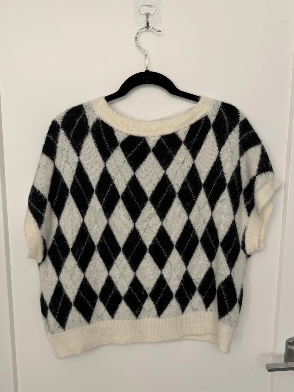 Free People Through The Motions Cropped Black-White Argyle Plaid Sweater Vest